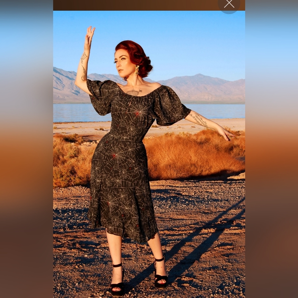 ISO Pin Up Girl Clothing, butterfly sleeve dress, spiderweb w/red spiders. Med